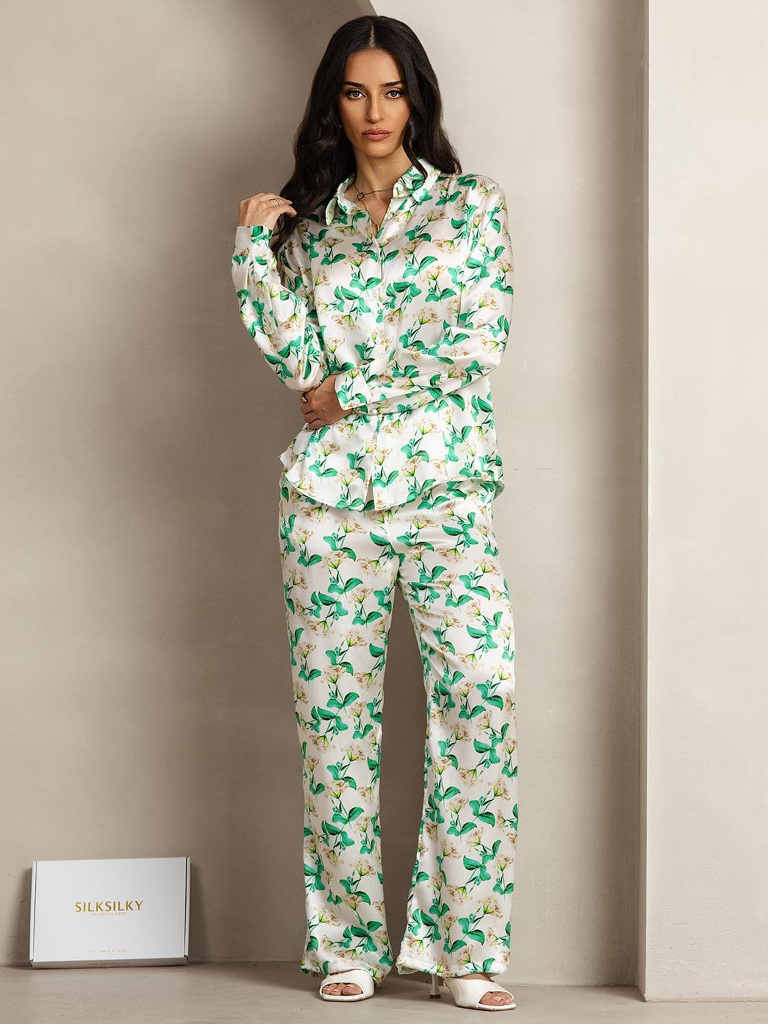 [FloralVerde] SilkSilky-ES 19Momme Seda Lapel Collar Women''s Outfit Sets 004