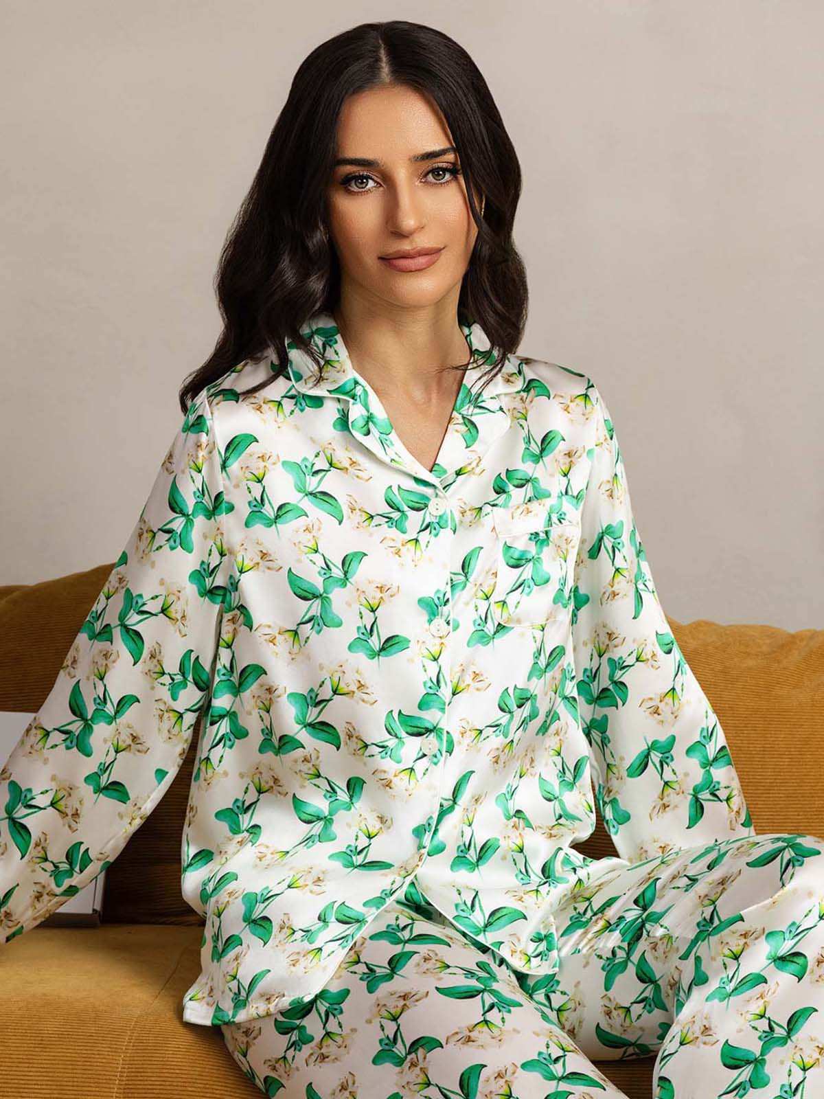 [Floral Verde] SilkSilky-ES Seda Pura Womens Pajamas 006