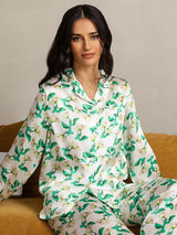 [Floral Verde] SilkSilky-ES Seda Pura Womens Pajamas 001,
