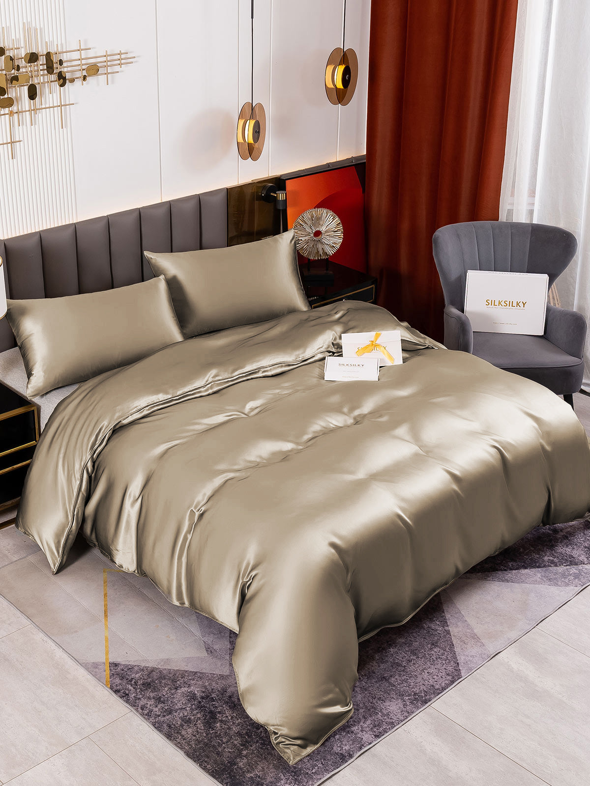 [Caqui] SilkSilky-ES 19Momme Juego de ropa de cama 001