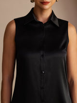 [Negro] SilkSilky-ES Sleeveless Lapel Collar Blusas de Mujer 004