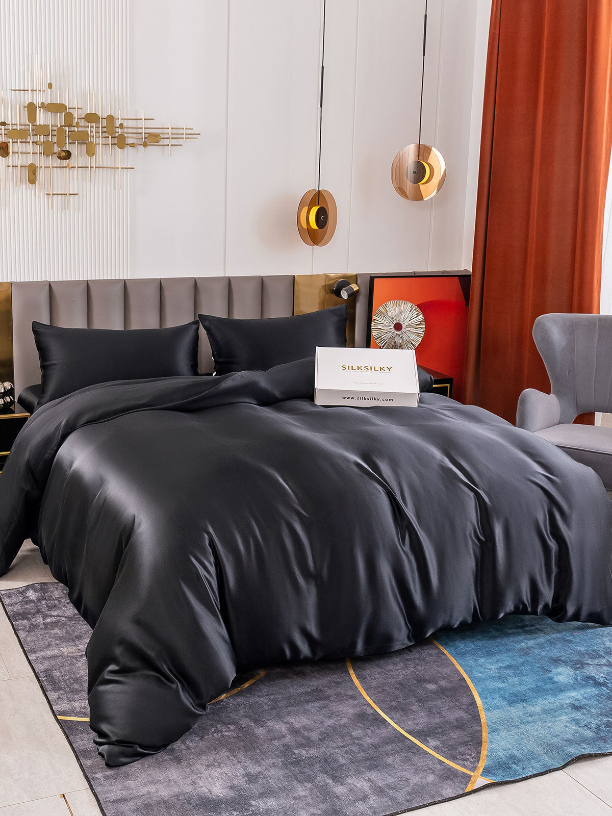 [Negro] SilkSilky-ES 19Momme Juego de ropa de cama 001