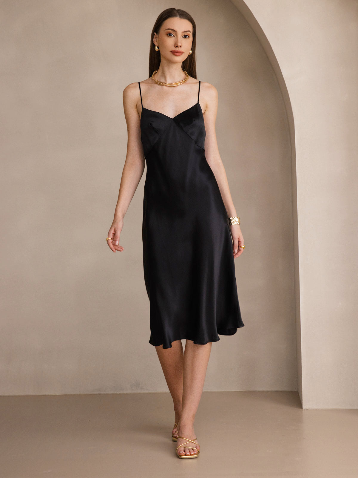 [Negro] SilkSilky-ES 19Momme Seda Pura Cuello en V Vestido 001