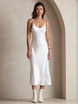 [Blanco] SilkSilky-ES Spaghetti Strap V Neck Vestido 003