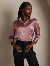 [Malva Pálido] SilkSilky-ES 3/4 Sleeve Lapel Collar Blusas de Mujer 005