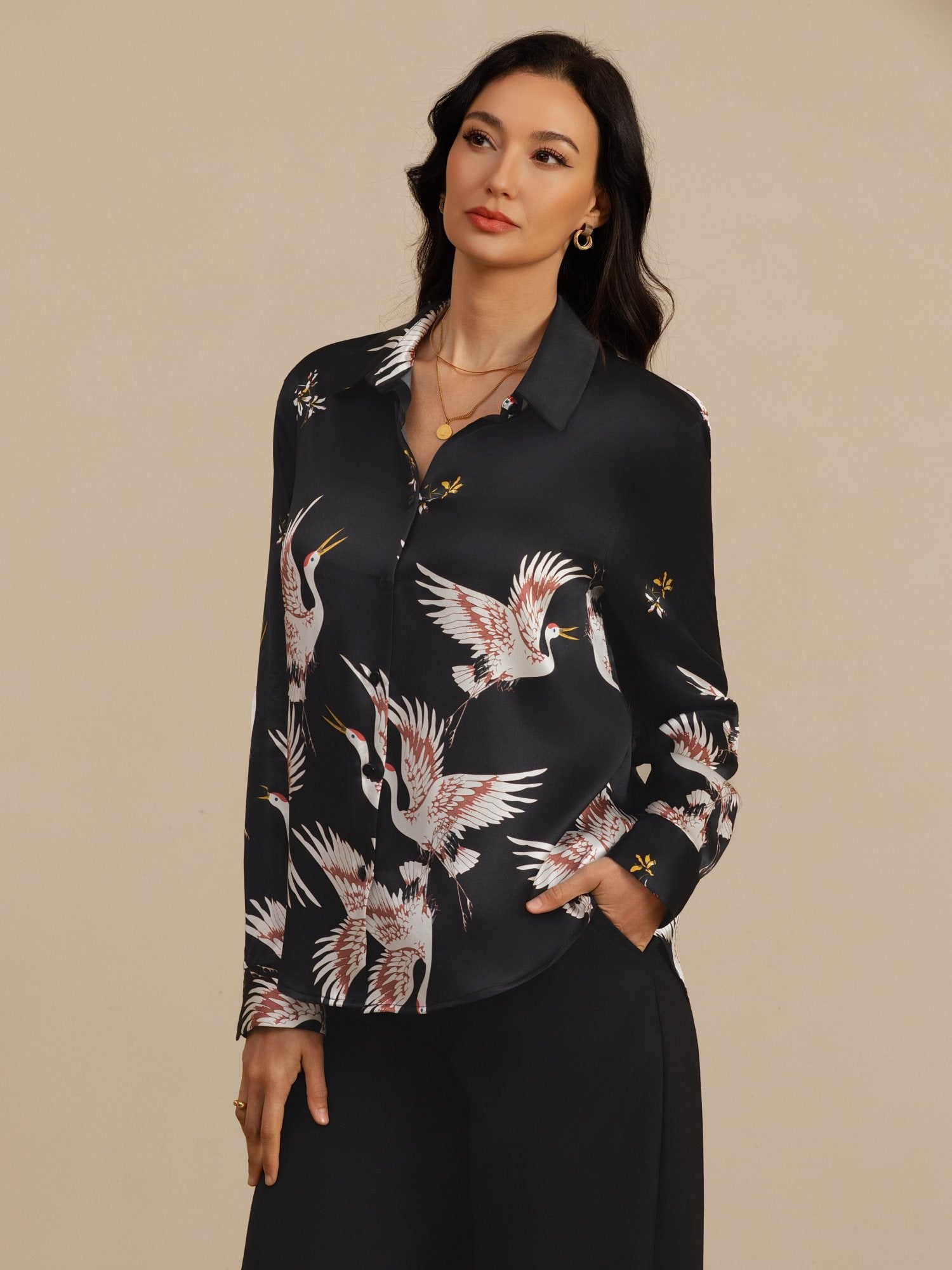 [Negro] SilkSilky-ES 19Momme Manga larga Cuello con Solapa Blusas de Mujer 001