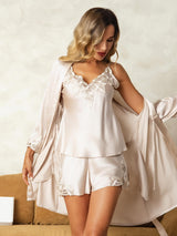 [Beige] SilkSilky-ES Seda Pura Manga francesa Cuello en V Pijamas de mujer 001