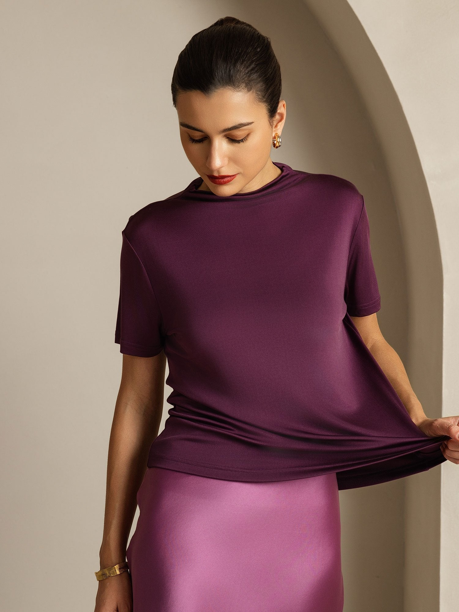 [Púrpura] SilkSilky-ES Seda Pura Cuello Camisero Camisetas de Mujer 003