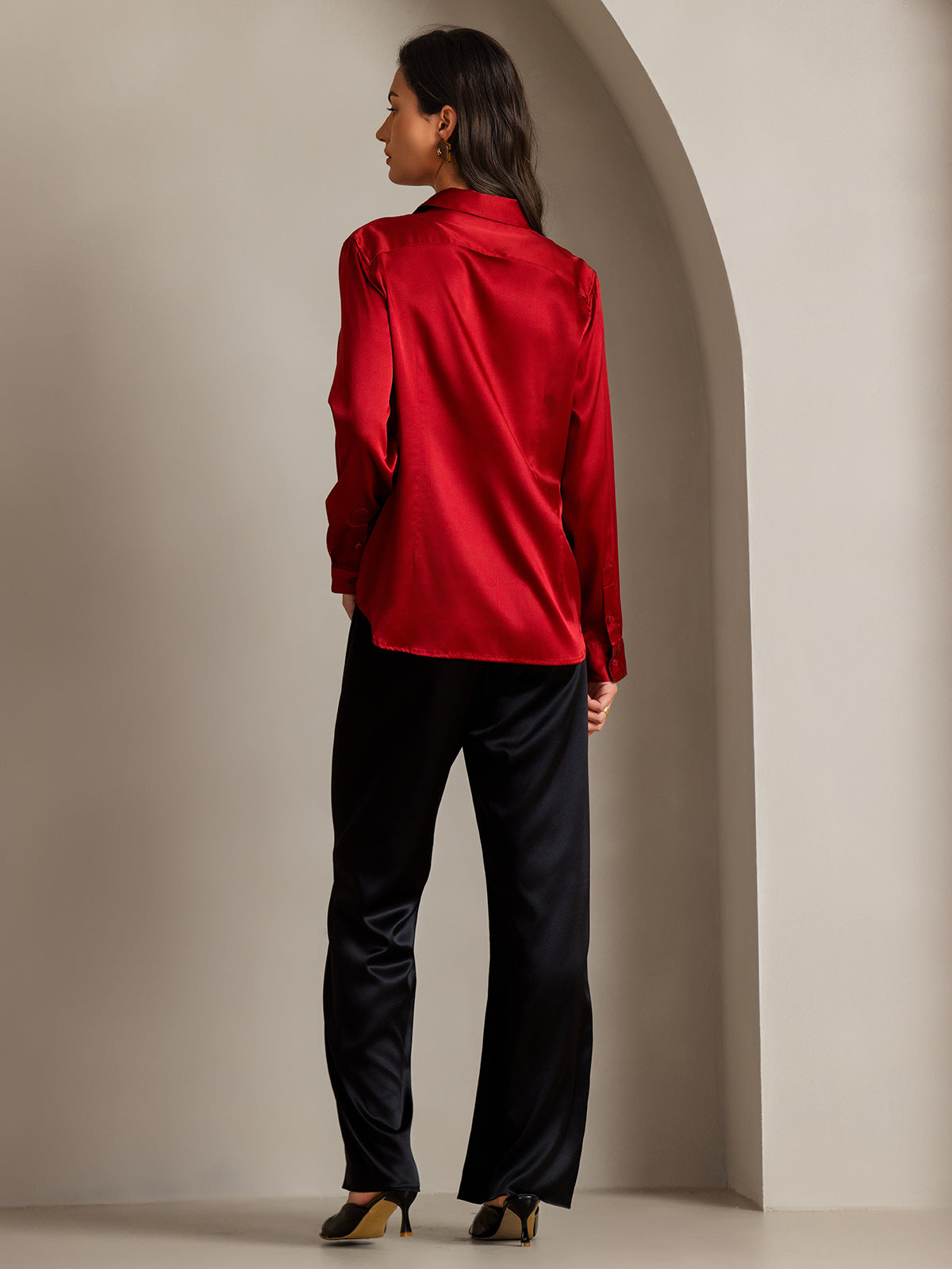 [Rojo] SilkSilky-ES Seda Lapel Collar Blusas de Mujer 002