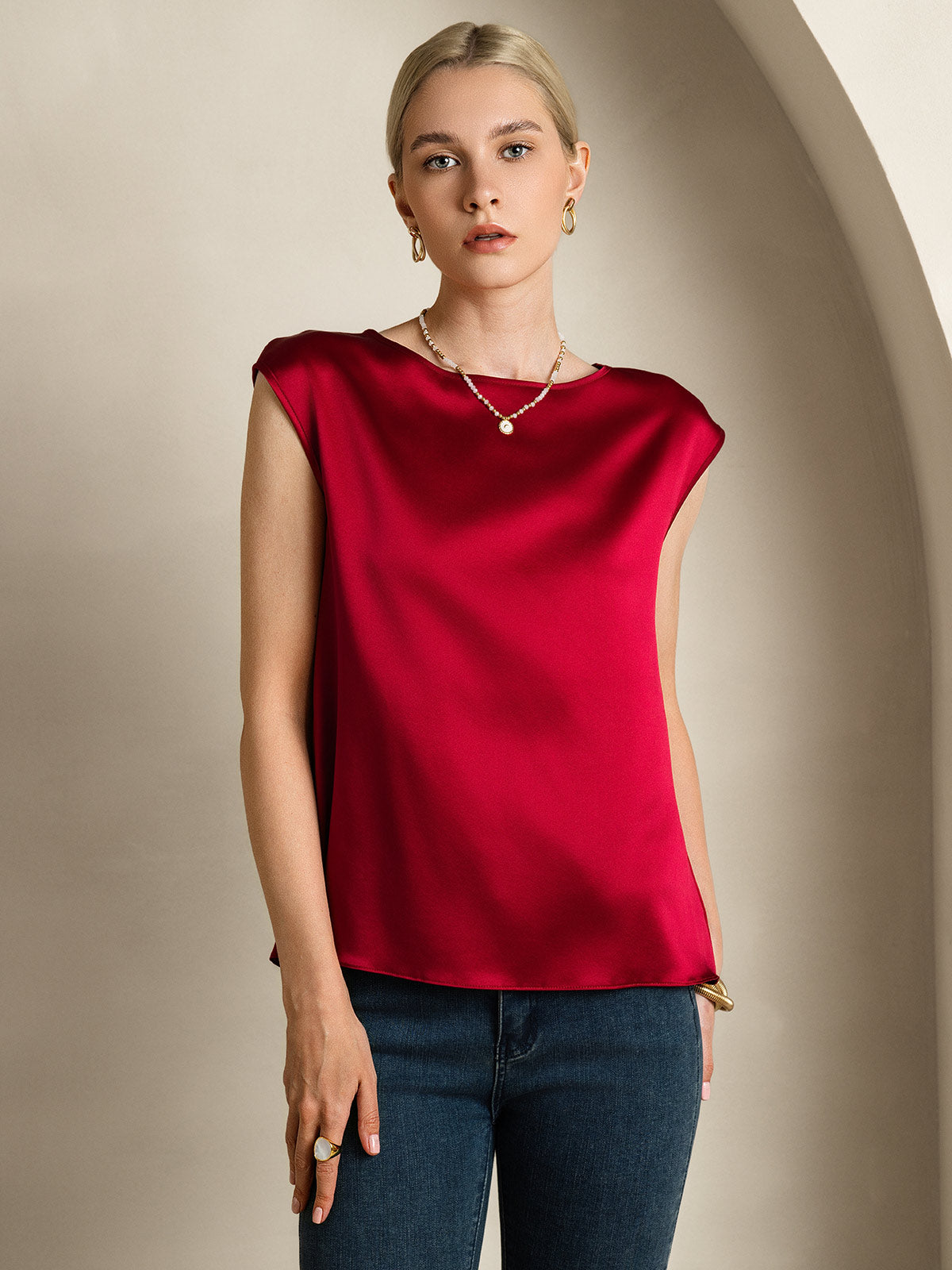 [Vino] SilkSilky-ES Cap Sleeve Round Neck Camisetas de Mujer 001