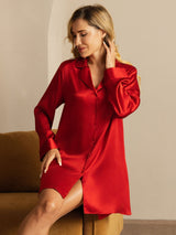 [Rojo] SilkSilky-ES Long Sleeve Lapel Collar Camisas de dormir 005
