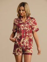 [Dragón Vino] SilkSilky-ES Short Sleeve Lapel Collar Pijamas de mujer 004