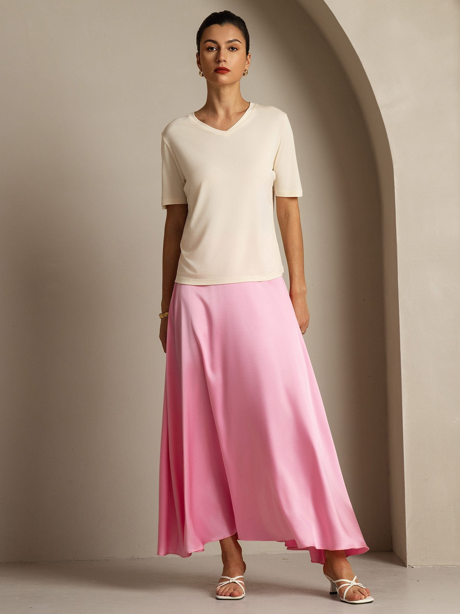 [Beige] SilkSilky-ES Seda Pura Cuello en V Camisetas de Mujer 008