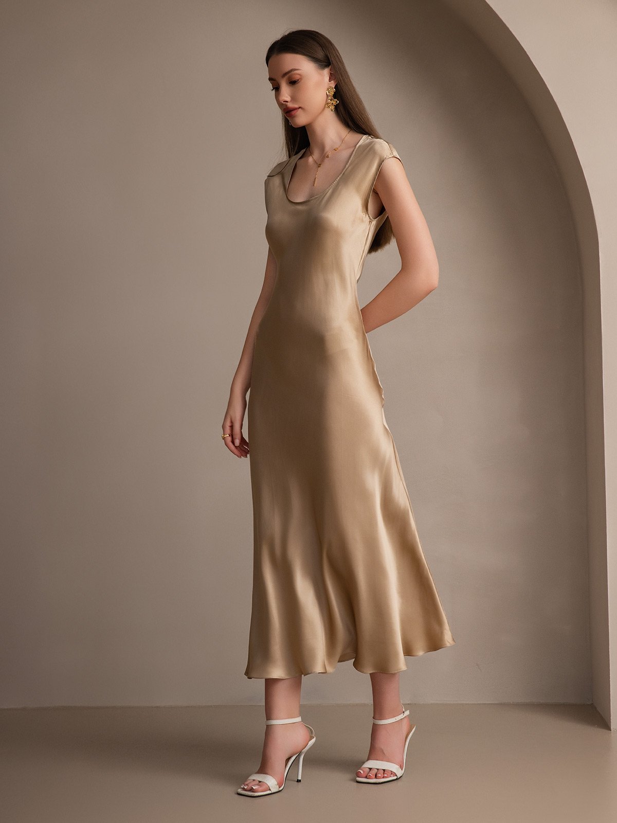 [Champán] SilkSilky-ES 19Momme Seda Dress 005