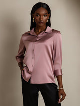 [Malva Pálido] SilkSilky-ES 3/4 Sleeve Lapel Collar Blusas de Mujer 004