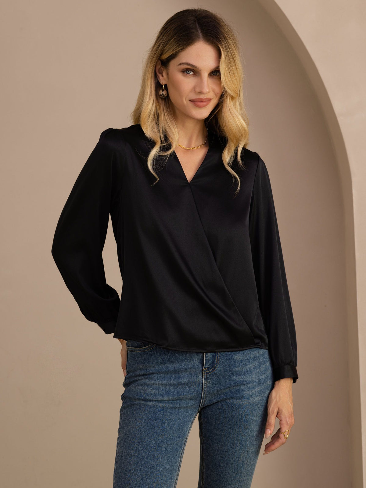 [Negro] SilkSilky-ES Long Sleeve Blouse 001