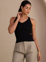 [Negro] SilkSilky-ES Sleeveless Deep V Neck Top de tirantes 004