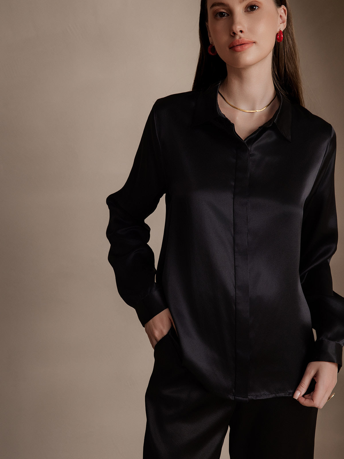 [Negro] SilkSilky-ES 19Momme Seda Lapel Collar Blusas de Mujer 001