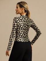 [Leopardo] SilkSilky-ES Manga larga Cuello Simulacro Camisetas de Mujer 002