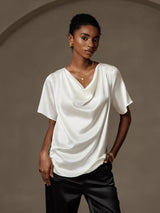 [Blanco] SilkSilky-ES Short Sleeve Cowl Neck Blusas 003