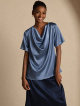 [Verde Azulado Real] SilkSilky-ES Short Sleeve Cowl Neck Blusas 001