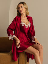 [Vino] SilkSilky-ES 3/4 Sleeve V Neck Conjunto de camisón y bata 007