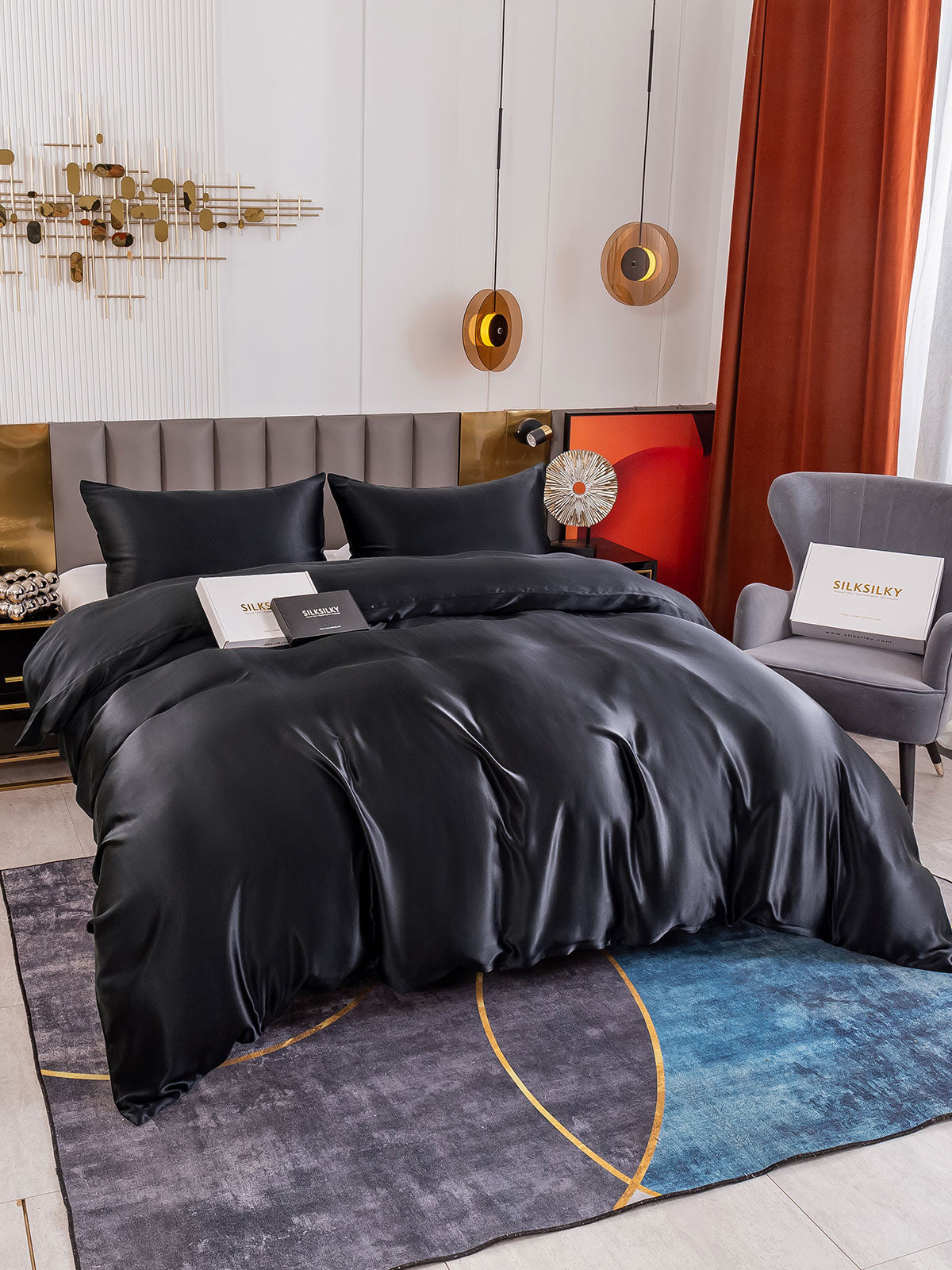 [Negro] SilkSilky-ES 19Momme Seda Pura Bedding Set 005