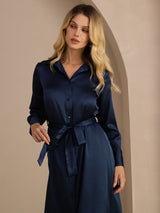 [Azul Oscuro] SilkSilky-ES Long Sleeve Lapel Collar Vestido 003