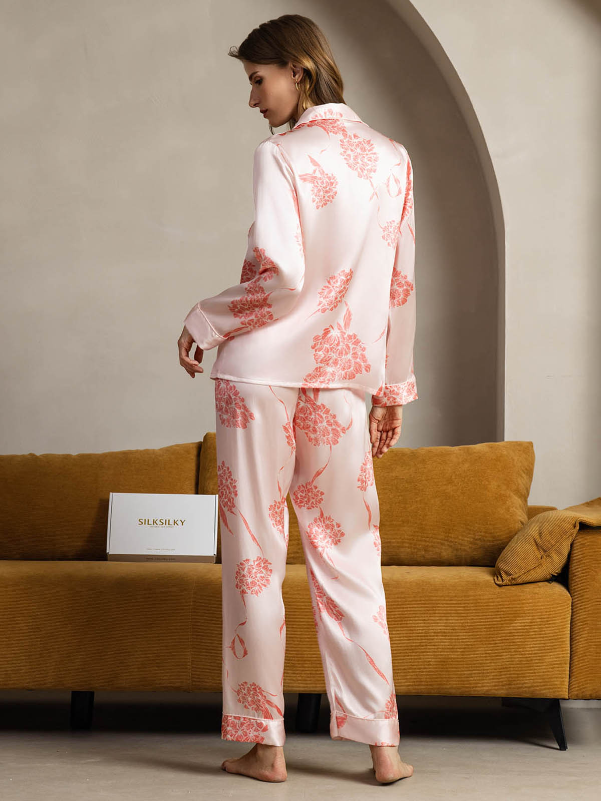 [Flores Coral] SilkSilky-ES Seda Pura Womens Pajamas 002