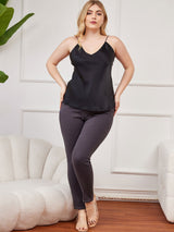 [Negro] SilkSilky-ES Spalline Sottili Cuello en V Top de tirantes talla grande 004