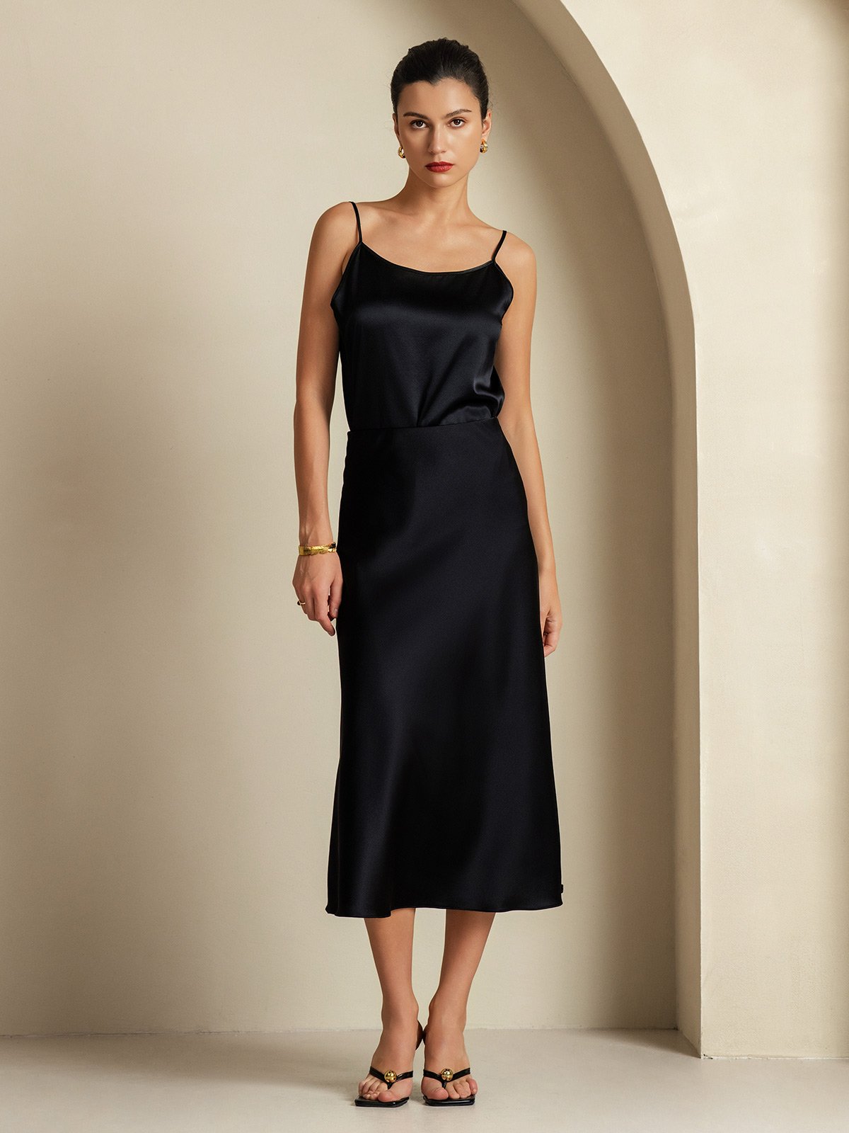 [Negro] SilkSilky-ES 19Momme Seda Pura Womens Outfit Sets 007,