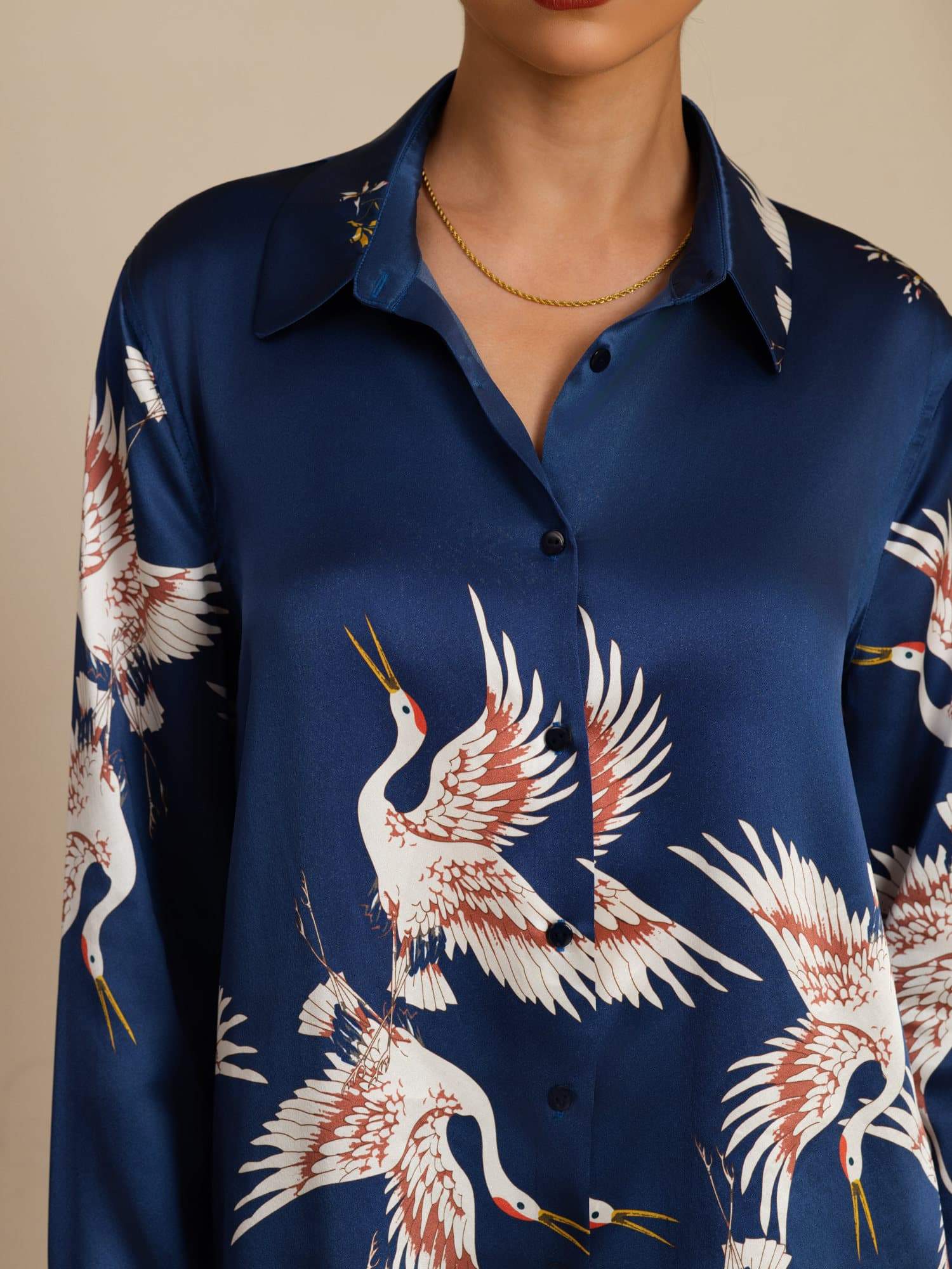 [Azul Oscuro] SilkSilky-ES 19Momme Manga larga Cuello con Solapa Blusas de Mujer 006