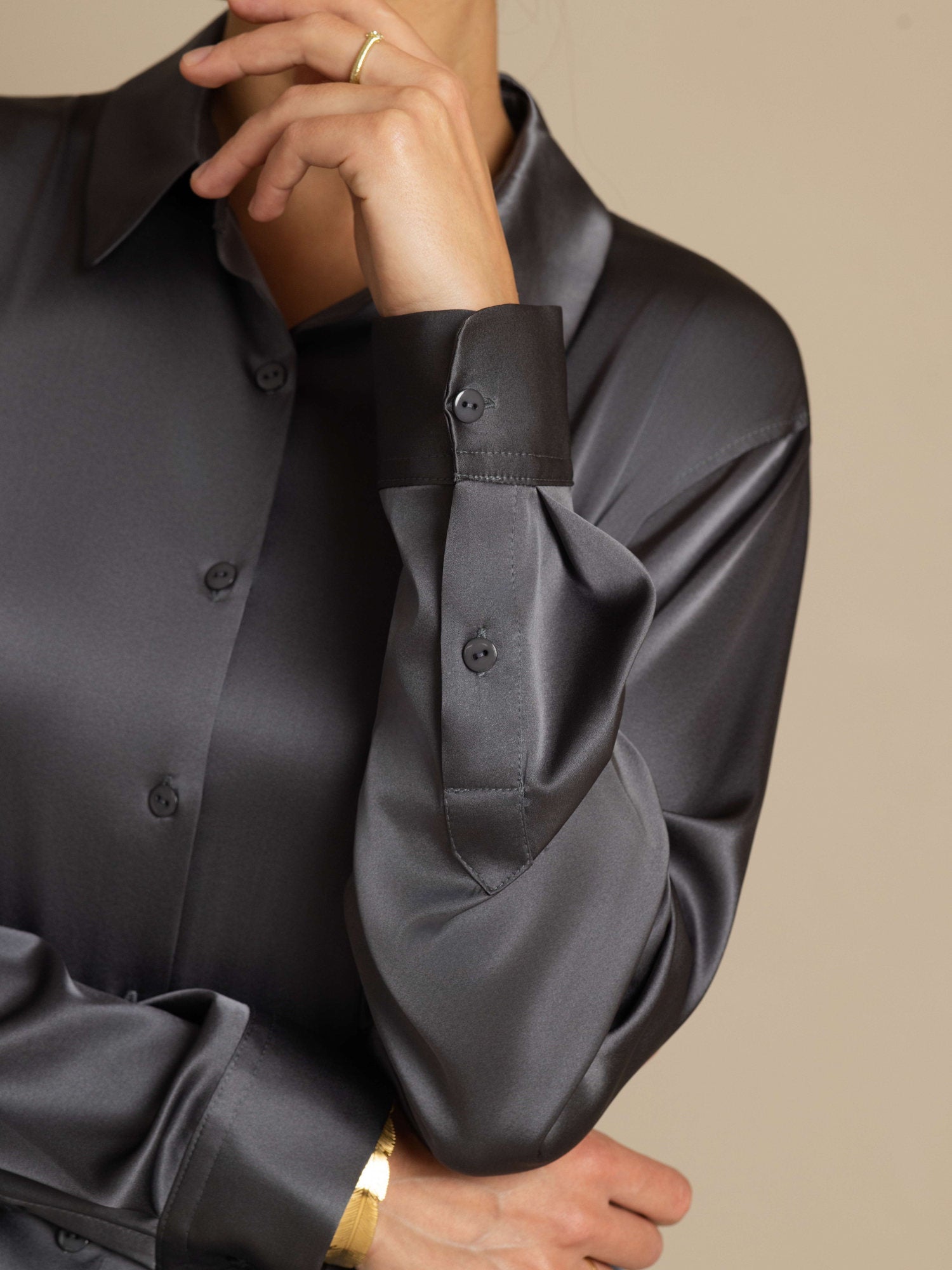 [Gris Oscuro] SilkSilky-ES Seda Manga larga Cuello Camisero Blusas de Mujer 005