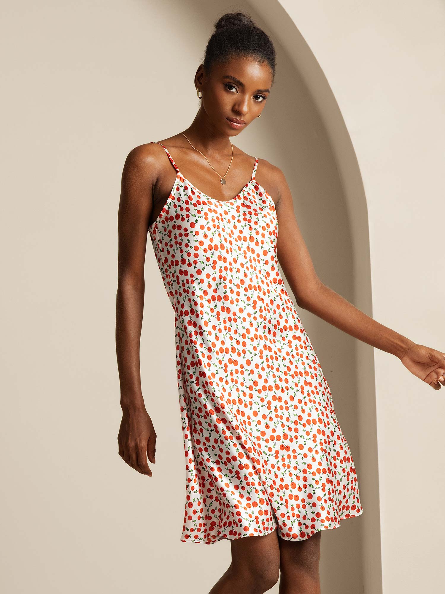 [Cereza] SilkSilky-ES Seda Pura Cuello en V Vestido 005,