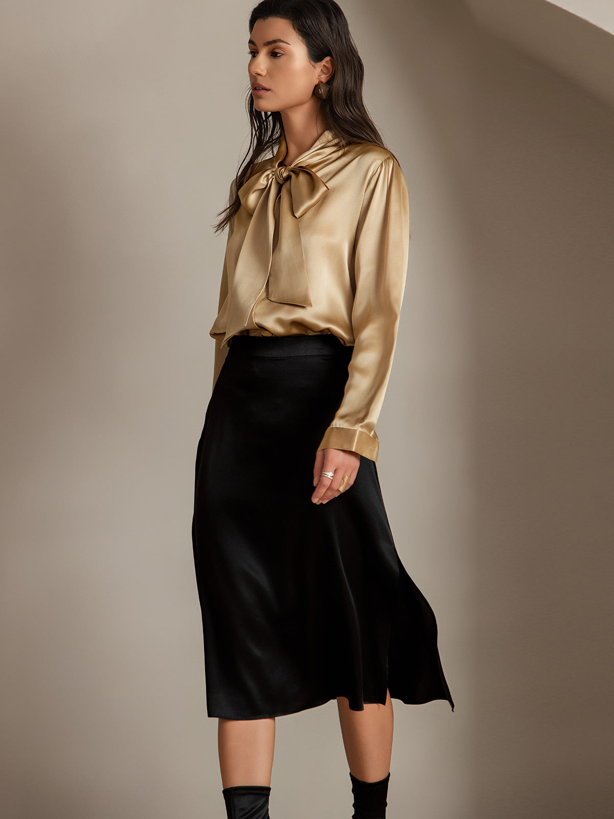 [Negro] SilkSilky-ES 19Momme Seda Skirt 004
