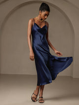 [Azul Oscuro] SilkSilky-ES Spalline Sottili Cuello Drapeado Vestido 004