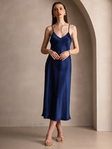 [Azul Oscuro] SilkSilky-ES Spaghetti Strap V Neck Vestido 003