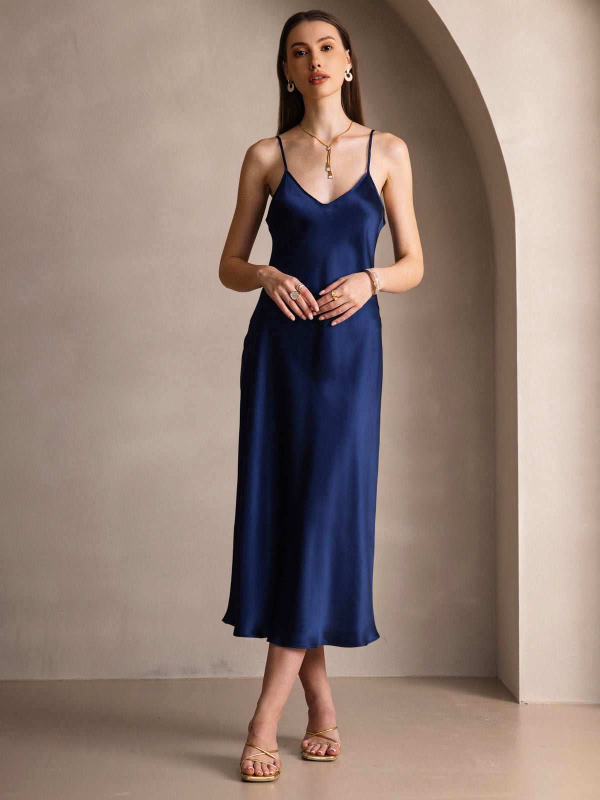 [Azul Oscuro] SilkSilky-ES Seda Pura Dress 003