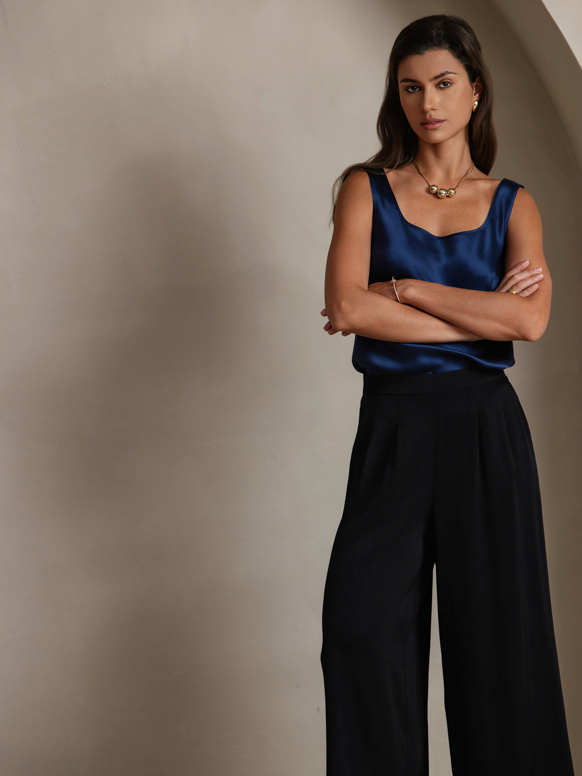 [Azul Oscuro] SilkSilky-ES 19Momme Seda Cuello en U Top de tirantes 005