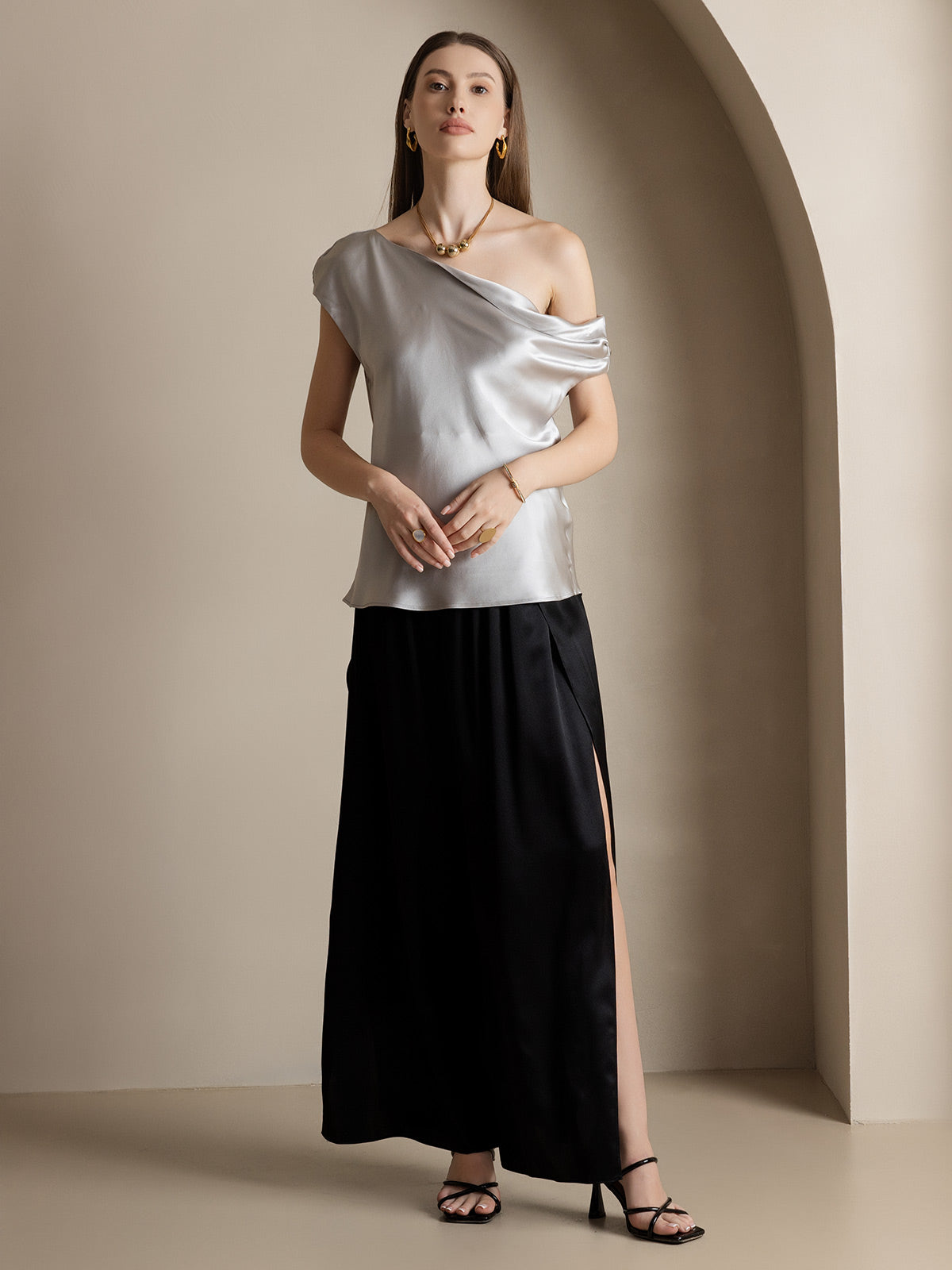 [Negro] SilkSilky-ES 19Momme Seda Split Pantalones de mujer 009