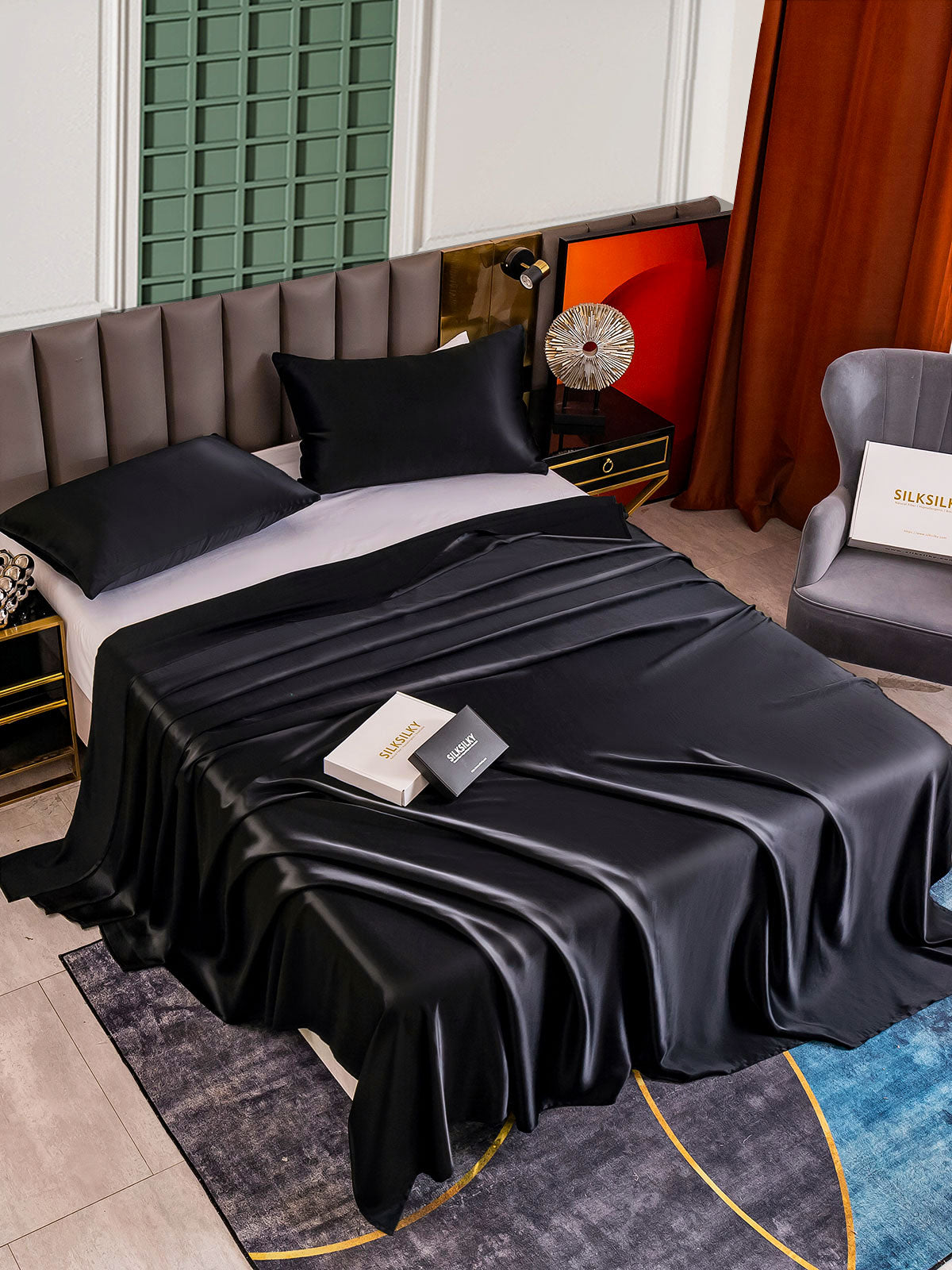 [Negro] SilkSilky-ES 25Momme Seda Pura Bedding Set 002
