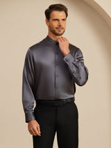 [Gris Oscuro] SilkSilky-ES Long Sleeve Stand Collar Camisa de hombre 006