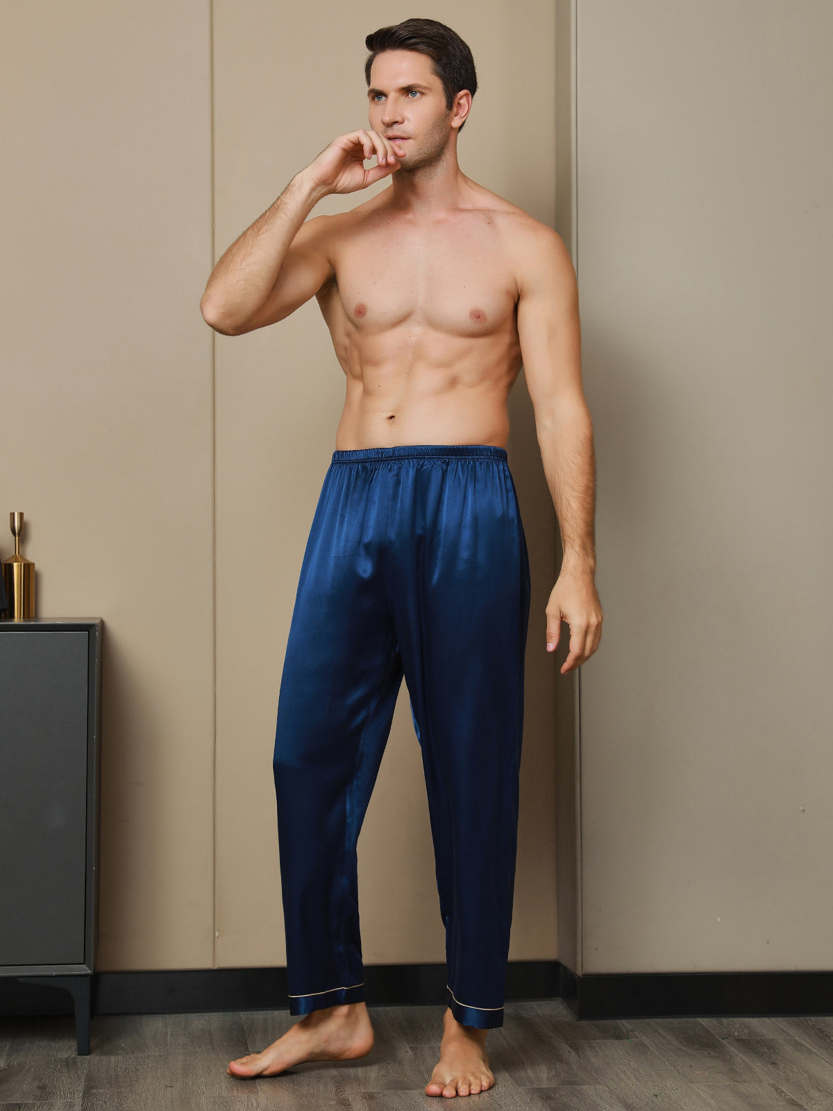 [Azul Oscuro] SilkSilky-ES Seda Pura Mens Sleep Bottoms 004