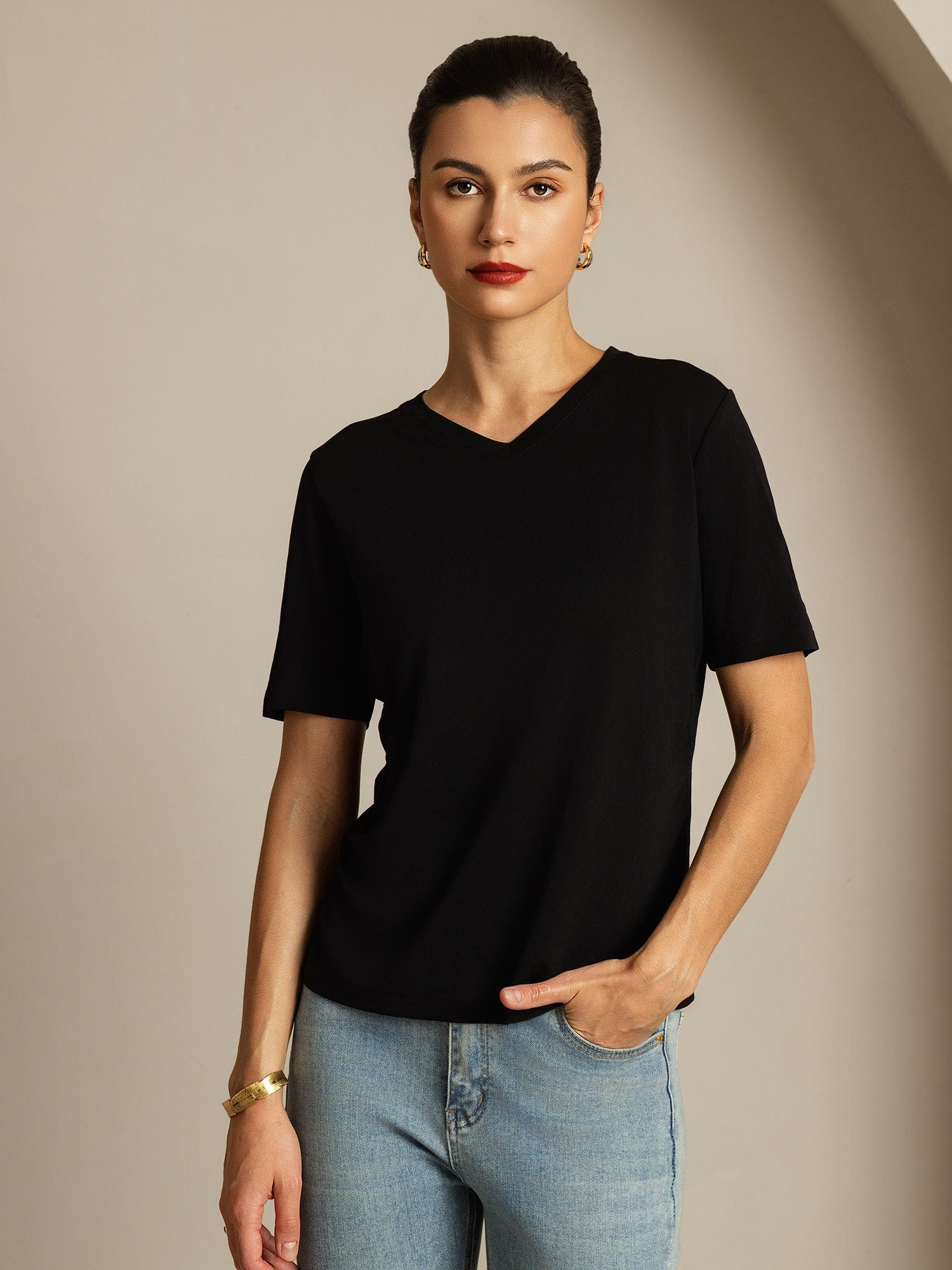 [Negro] SilkSilky-ES Seda Pura Cuello en V Camisetas de Mujer 001