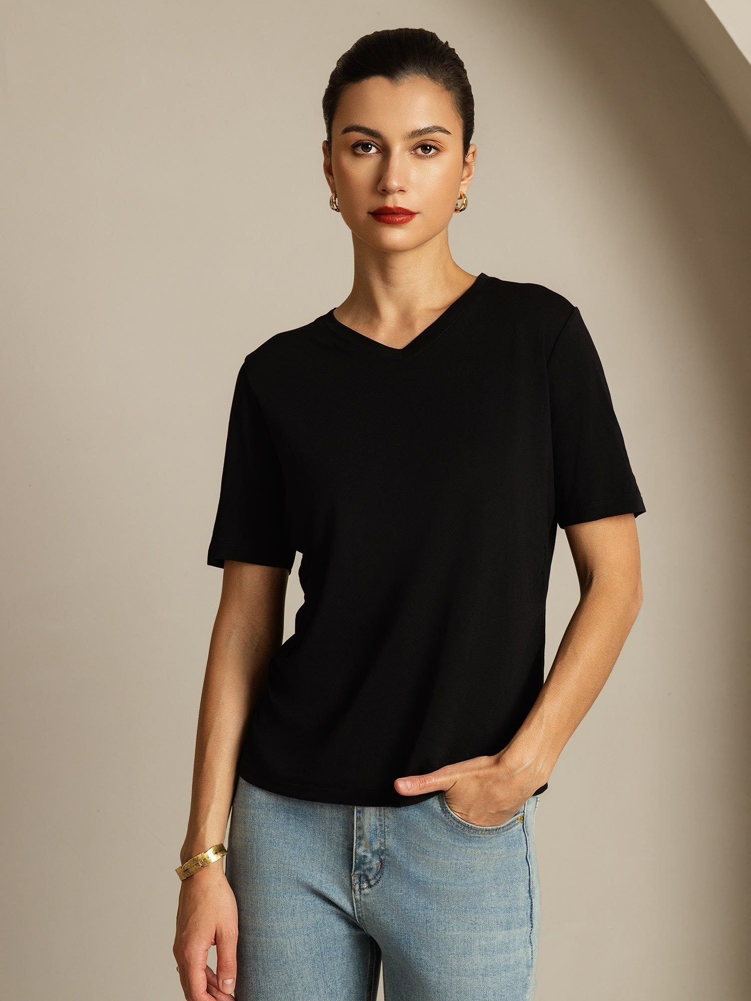 [Negro] SilkSilky-ES Manga corta Cuello en V Camisetas de Mujer 001
