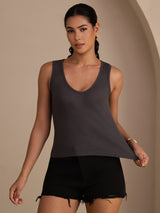 [Gris] SilkSilky-ES Sleeveless Deep V Neck Top de tirantes 003
