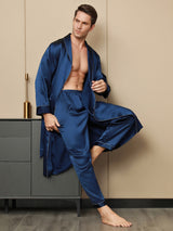 [Azul Oscuro] SilkSilky-ES Seda Pura Manga larga Solapa Bata de hombre 008