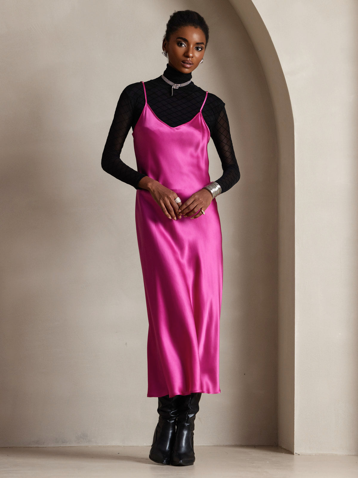 [Rosa Roja] SilkSilky-ES Spalline Sottili Cuello en V Vestido 001