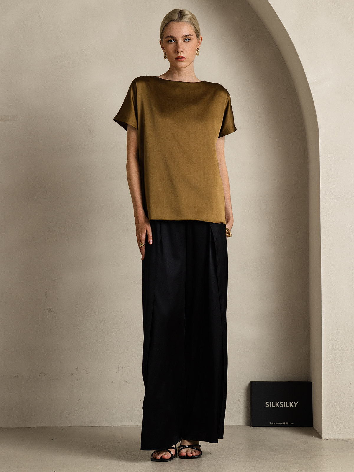 [Marrón] SilkSilky-ES 19Momme Seda Womens T-Shirt 007