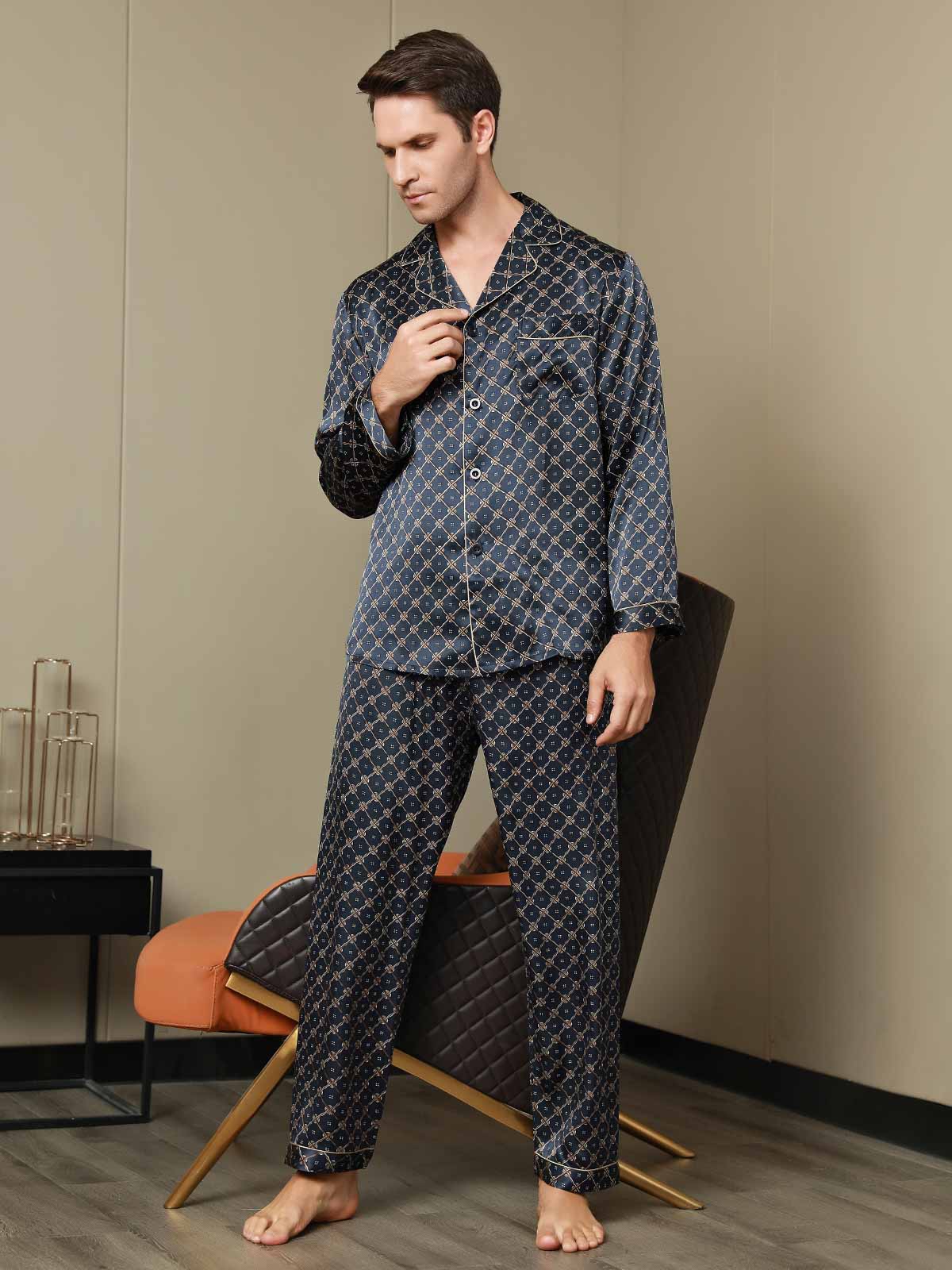 [Cadena Azul Marino] SilkSilky-ES Seda Pura Mens Pajamas 007